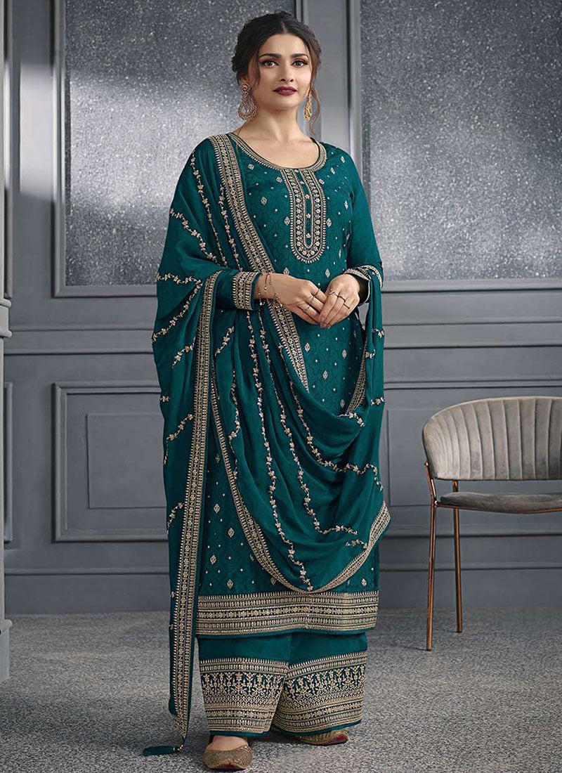 Teal Dola Silk Gota Embroidered Sequins Styled By Prachi Desai Stunning Palazzo Suit Festive Wear