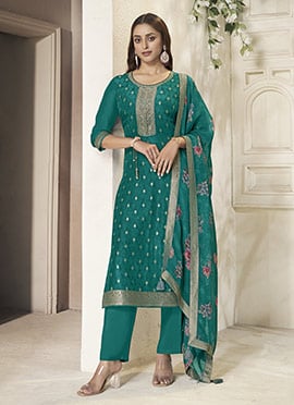 Teal Dola Silk Jacquard Sequins Digital Print Palazzo Suit