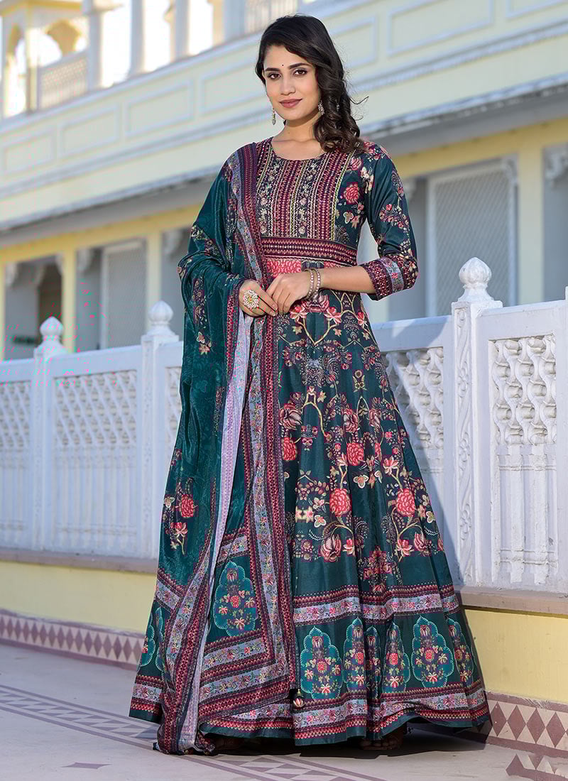 Teal Dola Silk Printed A Line Anarkali Suit After Six Wear-SLSACY9244