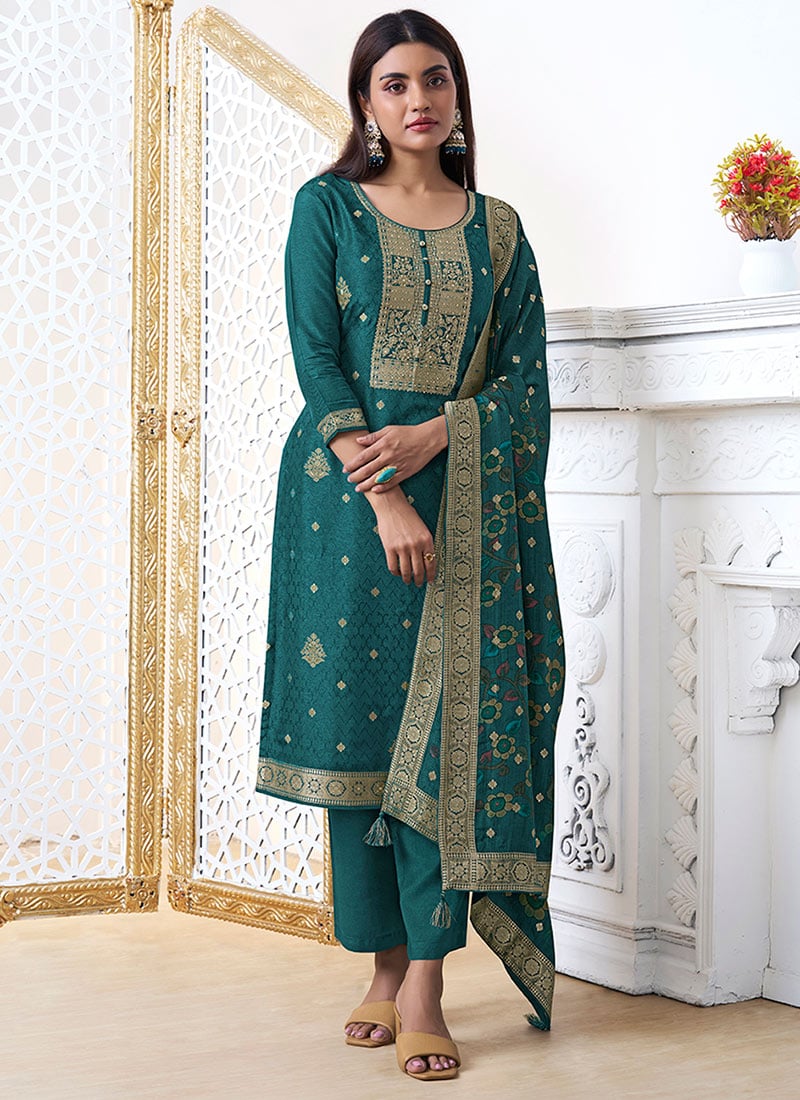 Teal Dola Silk Sequins Jacquard Woven Straight Pant Suit Festive Wear