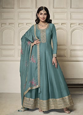 Teal Dola Silk Zari Embroidered Sequins Anarkali Suit