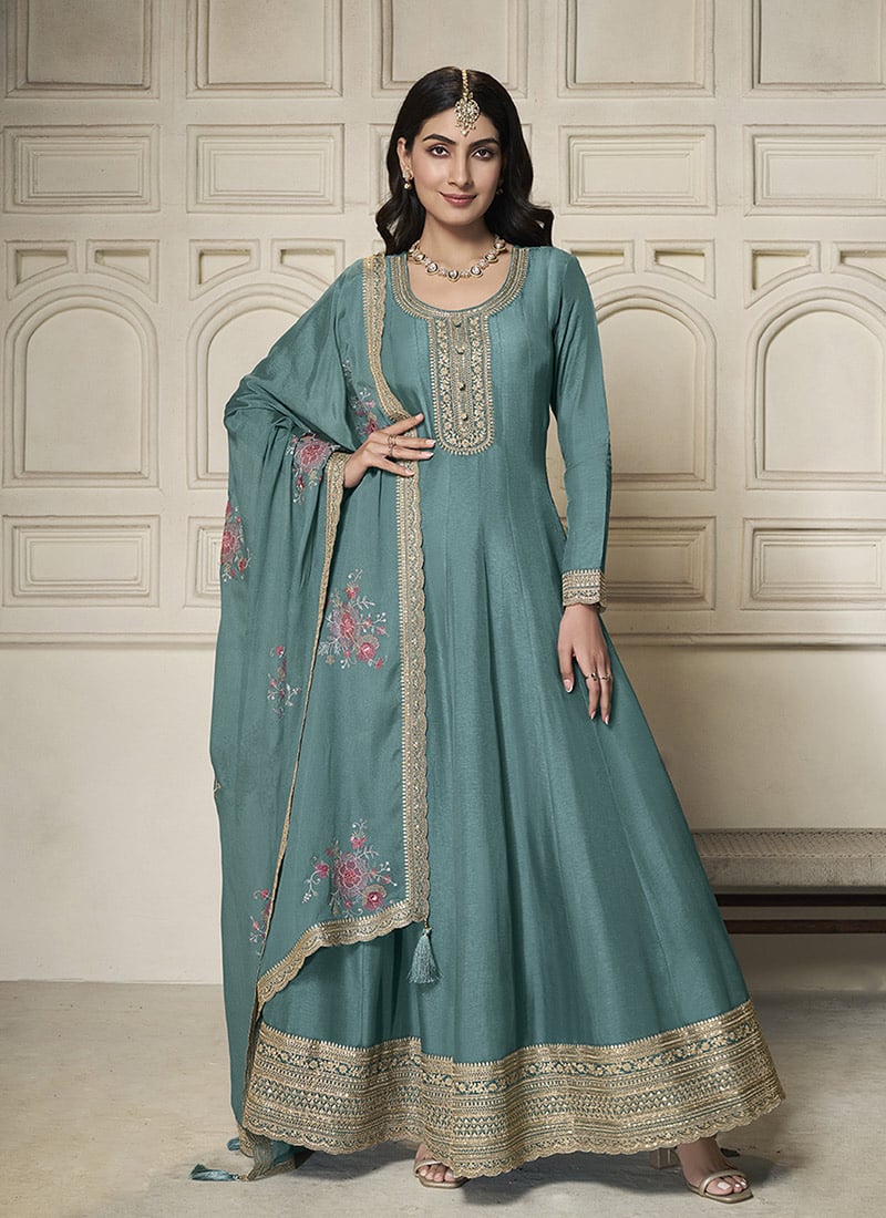 Teal Dola Silk Zari Embroidered Sequins Anarkali Suit Festive Wear