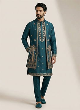 Teal Donear Satin Thread Embroidered Bandi Set