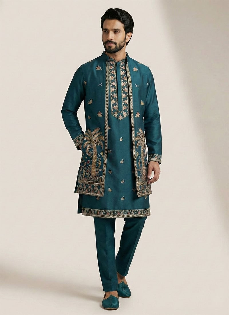 Teal Donear Satin Thread Embroidered Bandi Set Wedding Wear