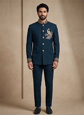 Teal Doniar Satin Embroidered Beads Work Jodhpuri Suit Set