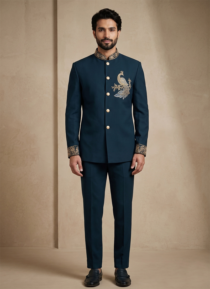 Teal Doniar Satin Embroidered Beads Work Jodhpuri Suit Set Wedding Wear