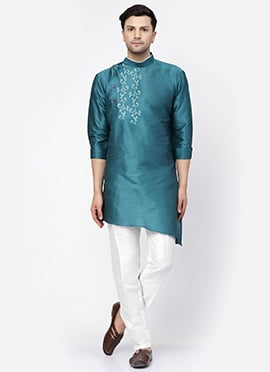 Teal Dupion Embroidered Kurta Pyjama