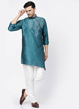 Teal Dupion Embroidered Kurta Pyjama