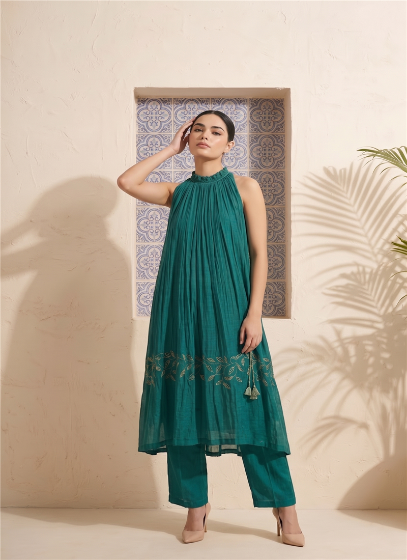 Teal Embroidered Cotton Kurta Set After Six Wear