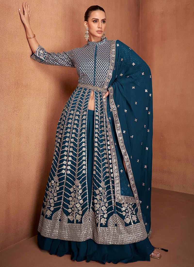 Blue Embroidered Sequin Embellished Georgette Anarkali Lehenga