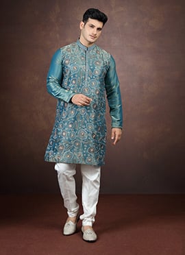 Teal Embroidered Silk Kurta Pyjama
