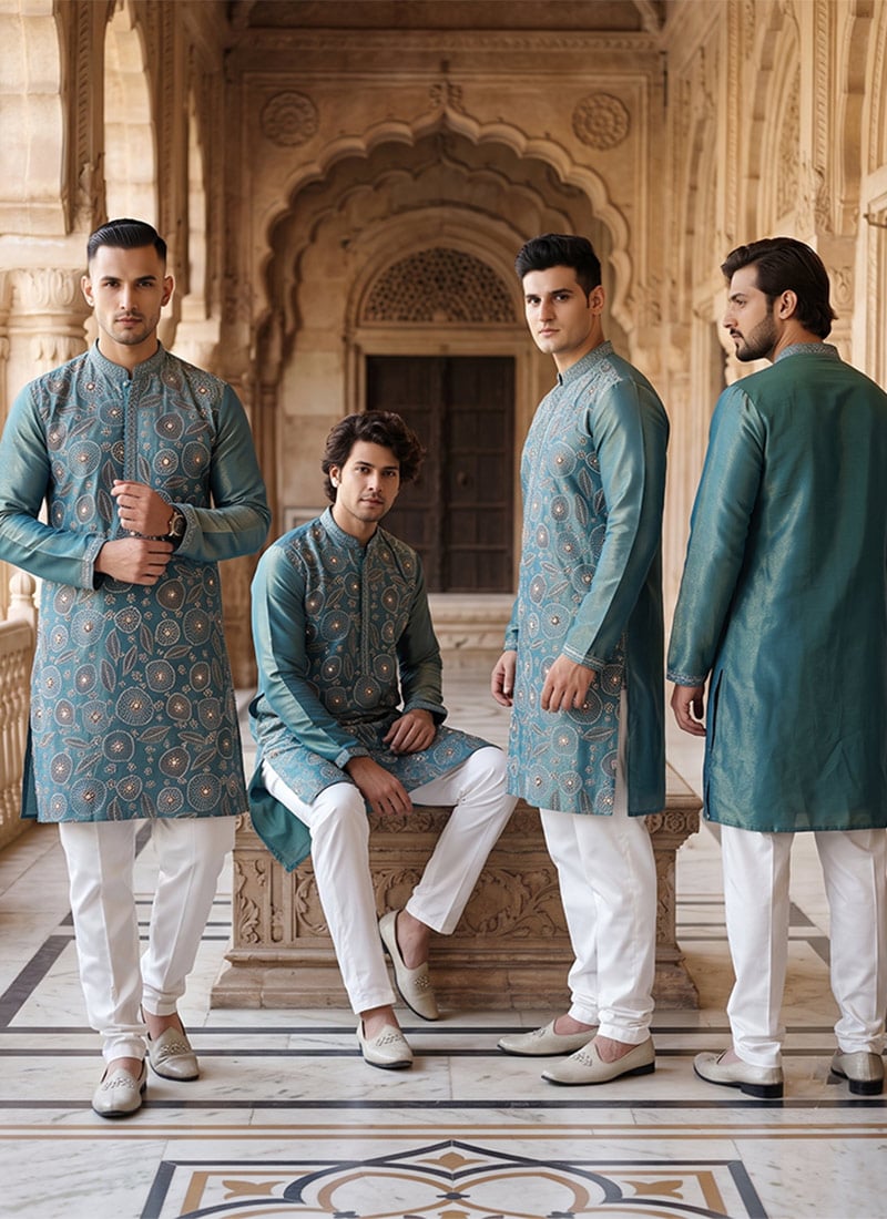 Teal Embroidered Silk Kurta Pyjama Festive Wear