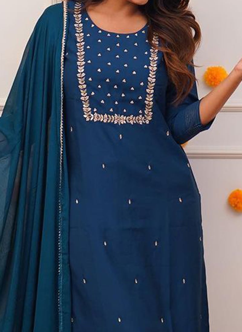 Teal Trendy Readymade Pant Suit With Embroidery Work main image 1