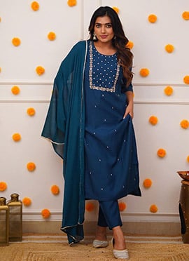 Teal Embroidered Straight Pant Suit