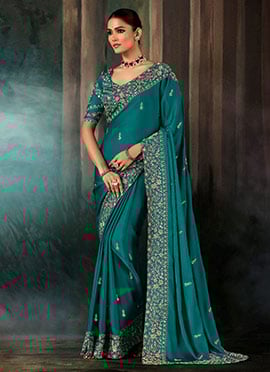 Teal Fancy Silk Zari Embroidered Sequins Stones Saree