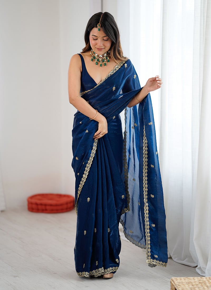 Teal Fandy Satin Embroidered Sequins Two Tone Saree After Six Wear