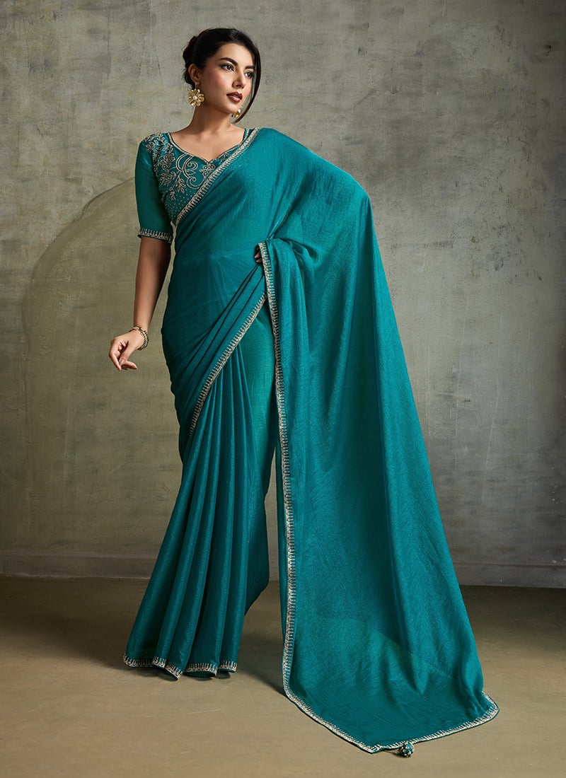 Teal Faux Chiffon Stones Saree  Festive Wear