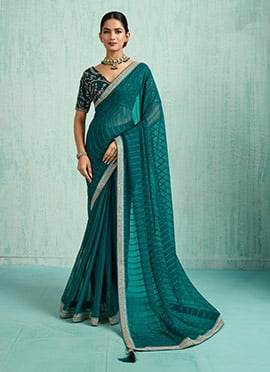 Teal Faux Chiffon Zari Embroidered Sequins Saree