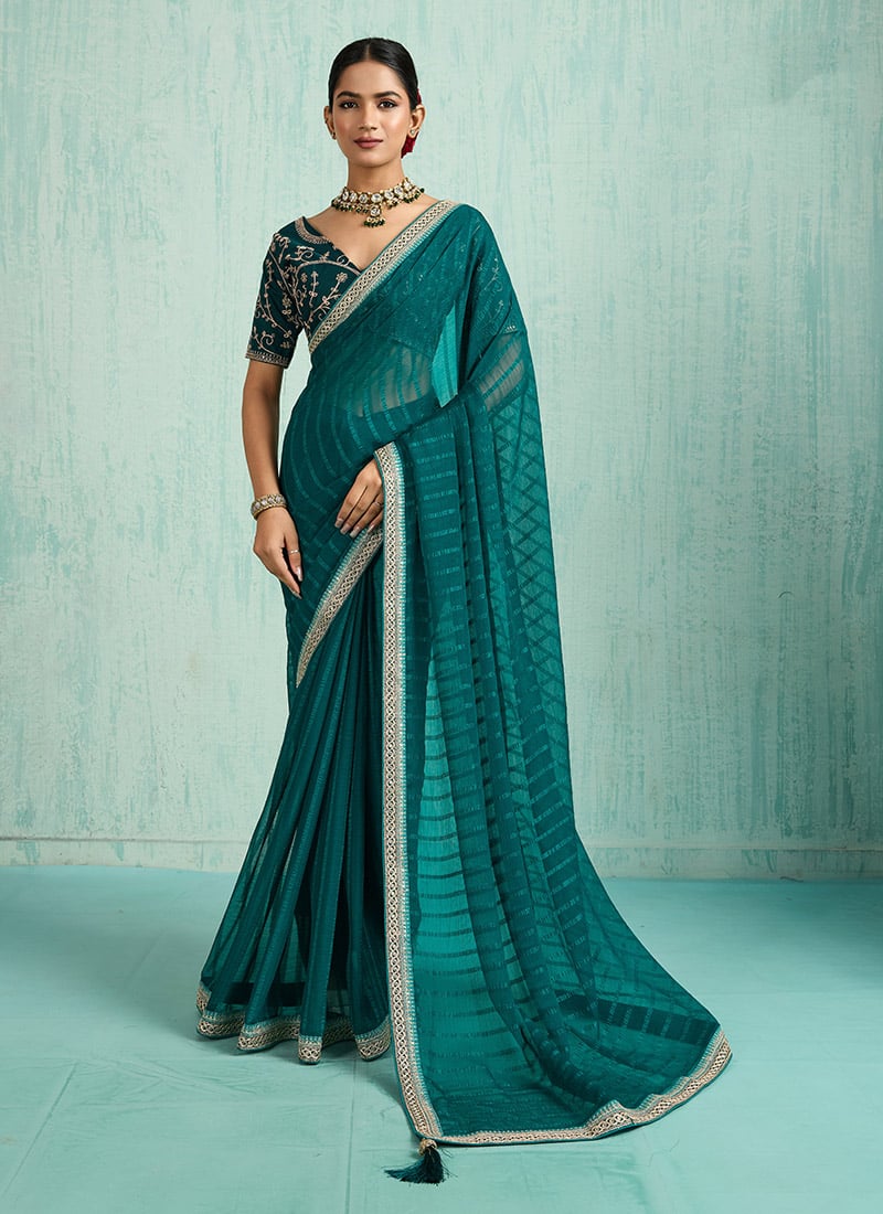 Teal Faux Chiffon Zari Embroidered Sequins Saree Festive Wear