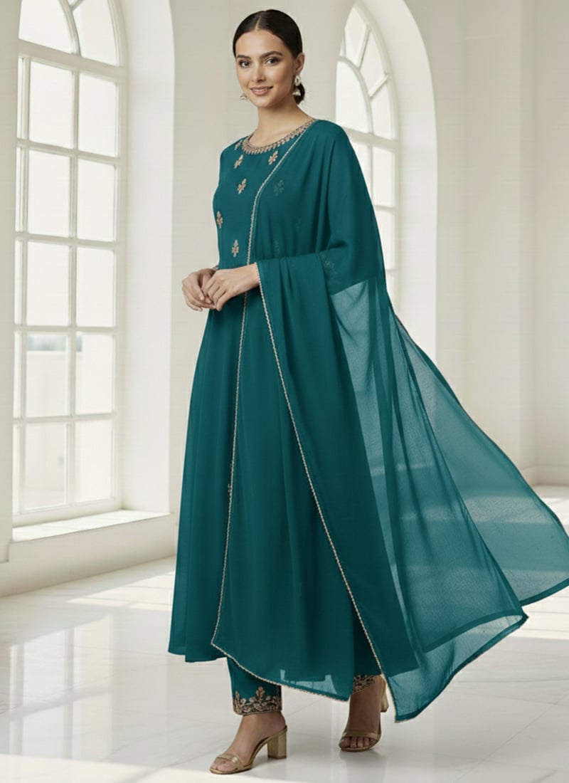 Teal Faux Georgette Anarkali Suit With Zari Sequins Work Festive Wear