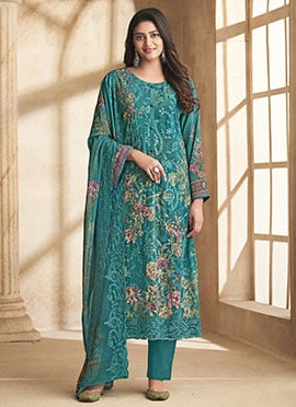 Teal Faux Georgette Digital Print Straight Pant Suit