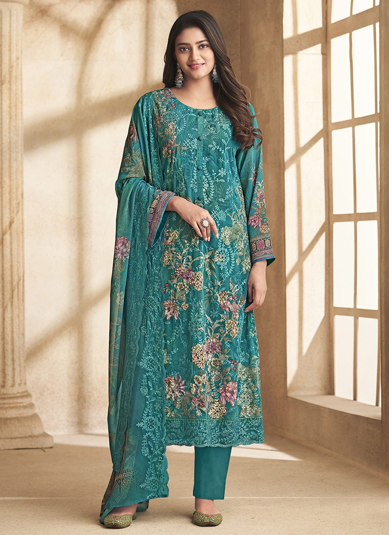 Teal Faux Georgette Digital Print Straight Pant Suit After Six Wear