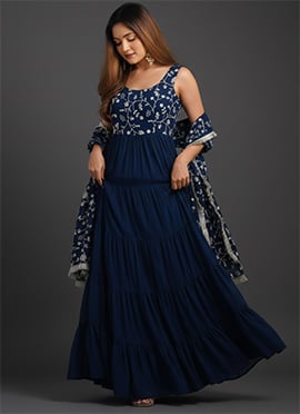 Teal Faux Georgette Embroidered Anarkali Suit