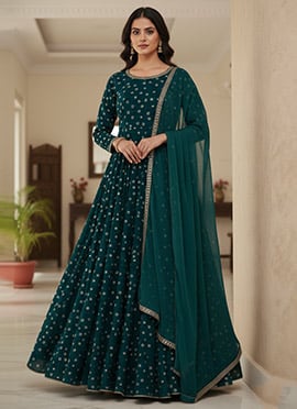 Teal Faux Georgette Embroidered Sequins Anarkali Suit