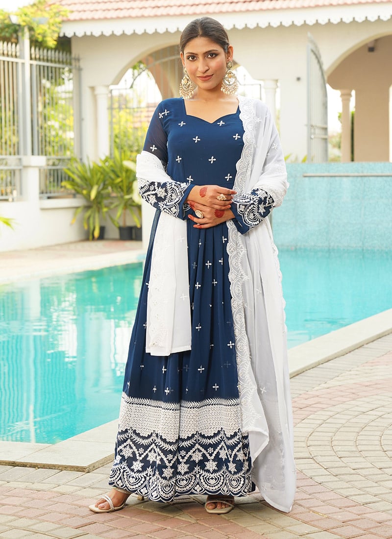 Teal Faux Georgette Embroidered Sequins Anarkali Suit Festive Wear