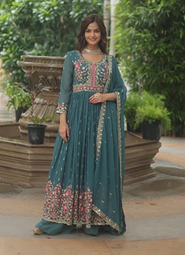Teal Faux Georgette Embroidered Sequins Ravishing Anarkali Suit
