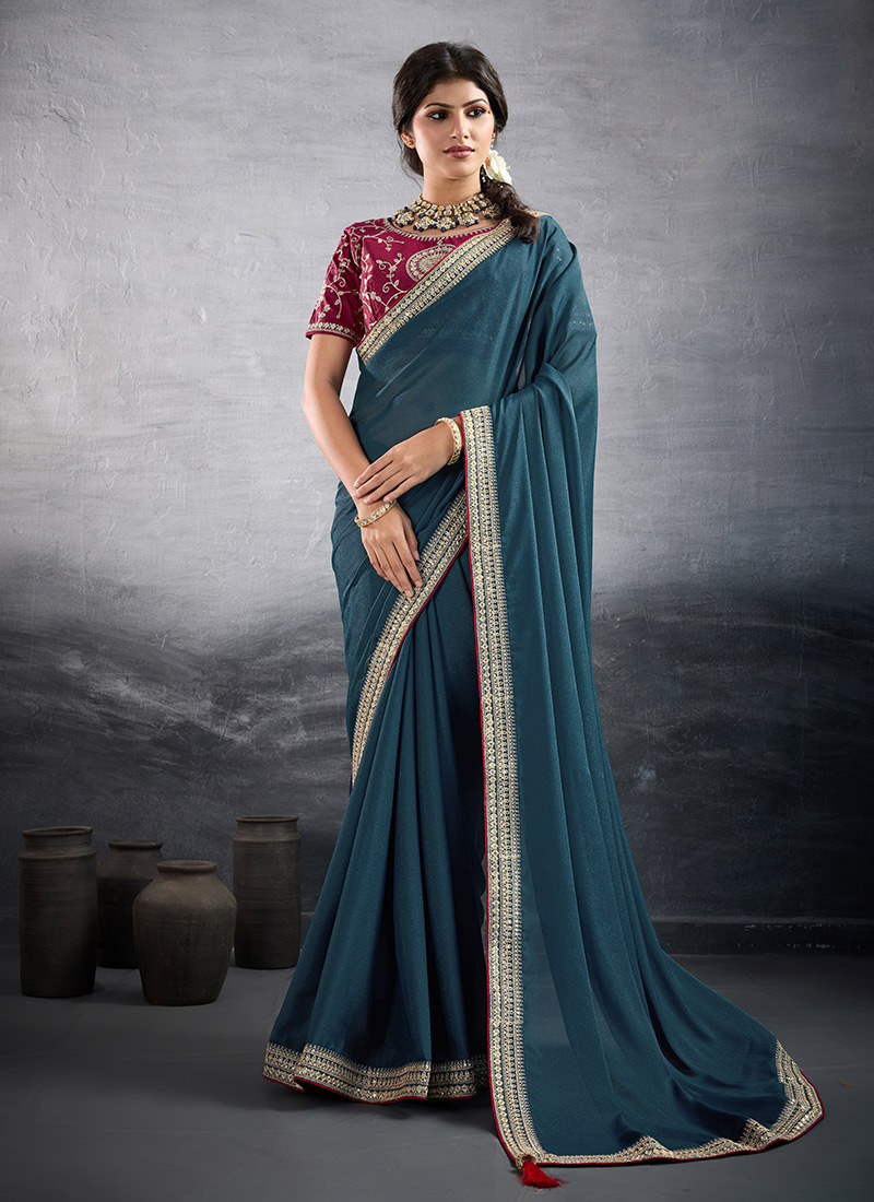 Teal Faux Georgette Embroidered Sequins Saree