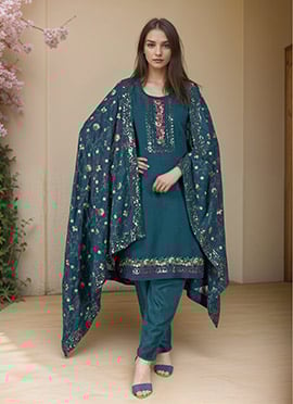 Teal Faux Georgette Embroidered Sequins Straight Pant Suit