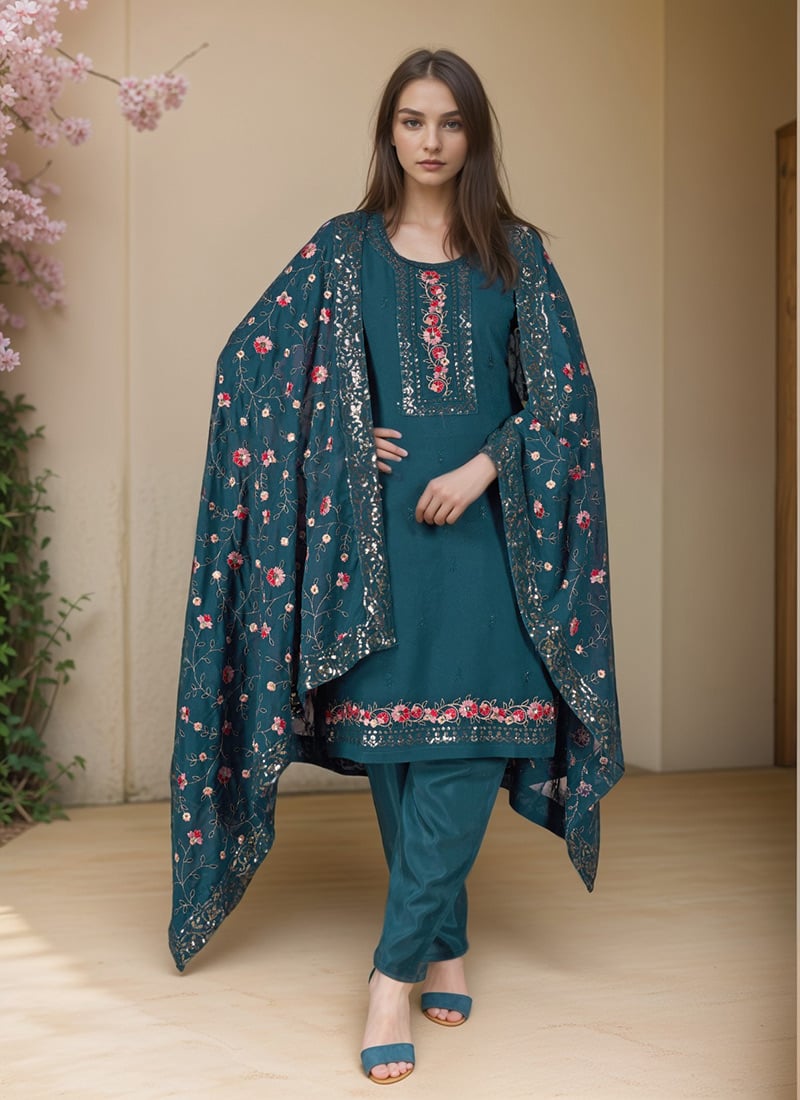 Teal Faux Georgette Embroidered Sequins Straight Pant Suit Festive Wear