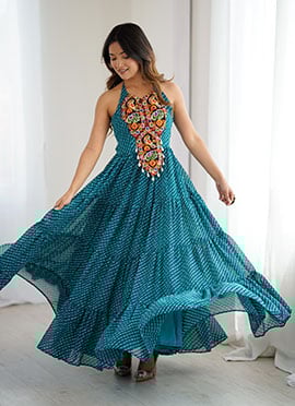 Teal Faux Georgette Leheriya Print With Kutch Work Anarkali Gown After Six Wear