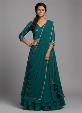 Teal Faux Georgette Resham Embroidered Lehenga
