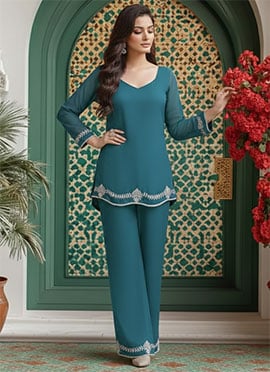 Teal Faux Georgette Resham Stones Occasionwear Palazzo Suit