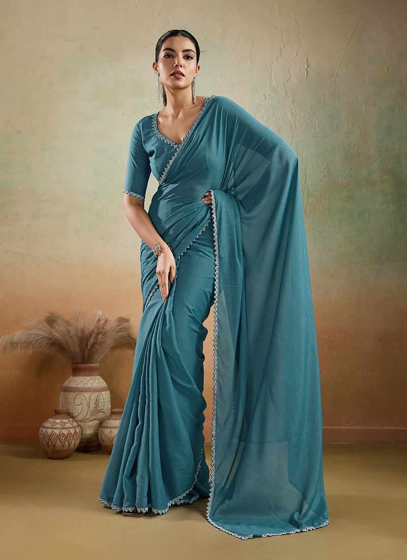Teal Faux Georgette Saree With Stones Lace Finish After Six Wear