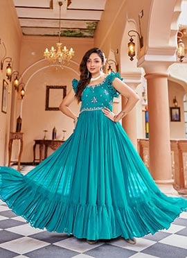 Teal Faux Georgette Sequins Embroidered Anarkali Gown