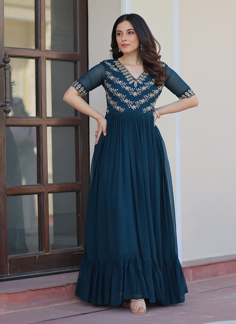 Teal Faux Georgette Sequins Embroidered Anarkali Gown Festive Wear