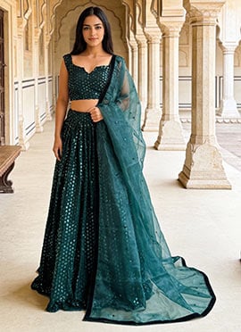Teal Faux Georgette Sequins Embroidered Umbrella Lehenga
