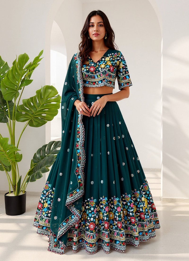 Teal Faux Georgette Sequins Lehenga Wedding Wear