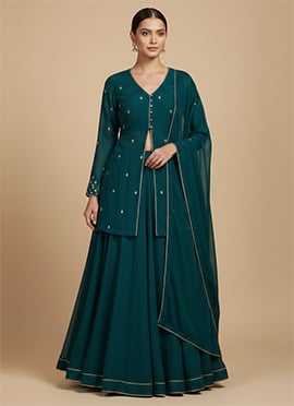 Teal Faux Georgette Sequins Zari Long Choli Lehenga