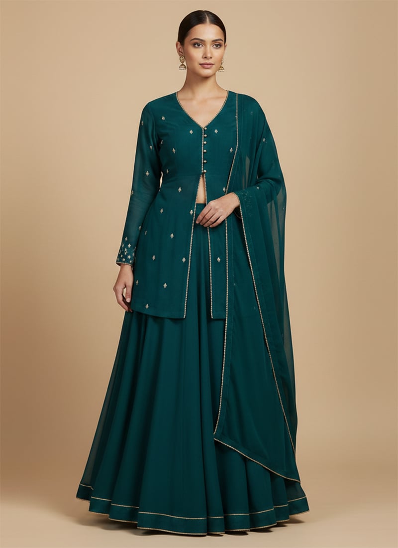Teal Faux Georgette Sequins Zari Long Choli Lehenga Festive Wear