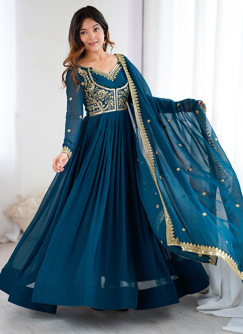 Teal Faux Georgette Silk Zari Embroidered Sequins Anarkali Suit Festive Wear