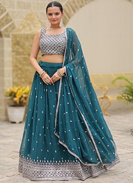 Teal Faux Georgette Thread Embroidered And Sequins A Line Lehenga