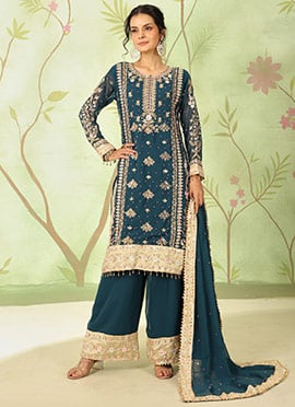 Teal Faux Georgette Thread Sequins Zari Moti Palazzo Suit Festive Wear