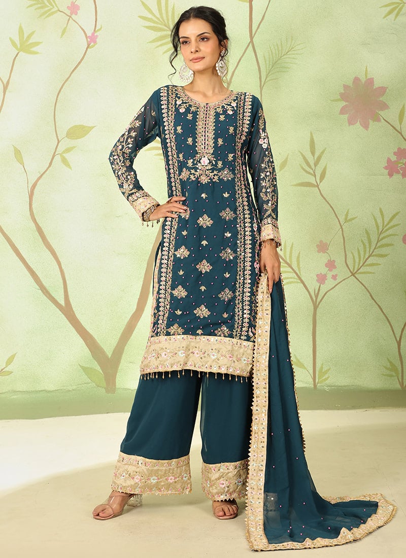 Teal Faux Georgette Thread Sequins Zari Moti Palazzo Suit Festive Wear
