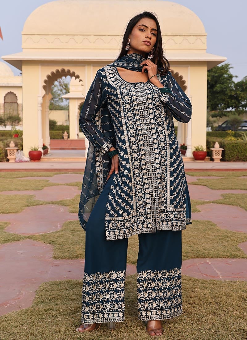 Teal Faux Georgette Zari Embroidered Palazzo Suit Festive Wear