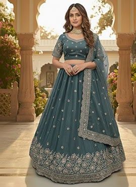 Teal Faux Georgette Zari Embroidered Sequins Lehenga