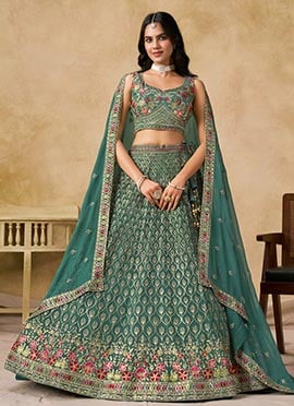 Teal Faux Georgette Zari Embroidered Sequins Lehenga